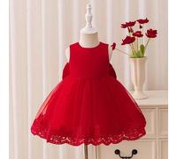 Shein Vestido de niña bebé con volantes de tul rojo, diseño con lazo en la espalda, elegante y encantador para fiestas diarias, reuniones, que muestra la no