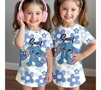 Shein Vestido de niña bebé estilo ballerina con estampado de conejo azul Lulu y Stitch, degradado azul floral, estilo chill chill, conjunto de ropa de veran