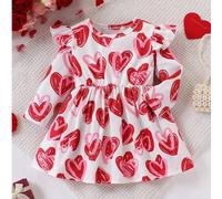 Shein Vestido de niña con base blanca y estampado de corazones rojos y rosas con volantes en el bajo y pliegues en la cintura, adecuado para uso diario