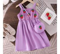 Shein Vestido de niña con estampado de fresa de punto con tirantes, a juego con una linda bolsa redonda con estampado de fresa, vestido casual de verano par