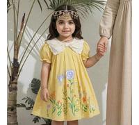 Shein Vestido de niña con estampado floral, mangas de globo y cintura ceñida en contraste de color