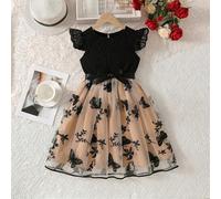 Shein Vestido de niña de 8 a 12 años con parches de encaje y malla, bordado, mangas abultadas, incluye cinturón, adecuado para verano, eventos familiares, f