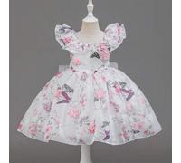 Shein Vestido de niña de las flores para boda de 4 estaciones, base blanca con estampado floral y de mariposa rosa, mangas abullonadas de malla, falda de tu