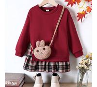 Shein Vestido de niña joven de 250g de manga larga casual con dobladillo de falda a cuadros, estilo escolar + Vestido de sudadera de manga larga con cuello