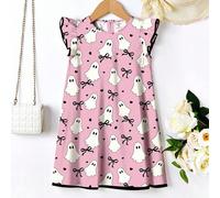 Shein Vestido de niña pequeña con estampado de corazones, brujas rosas y duendes fantasmales de color crema, con volantes y lazo, con un toque otoñal y mini