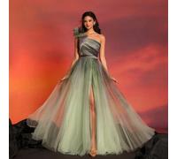 Shein Vestido de noche asimétrico de tul degradado con abertura alta, vestido de graduación para mujeres, vestido de noche formal para invitados de boda, ve