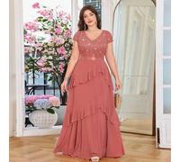 Shein Vestido de noche con escote en V, encaje con flores, y volantes de contraste, borde de gasa - ideal para eventos formales como graduación, cena o boda