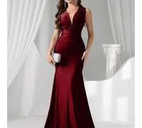 Shein Vestido de noche con escote profundo en V, cintura alta elástica, drapeado asimétrico y cola de pez, adecuado para bodas, eventos, fiestas, luna de mi