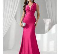 Shein Vestido de noche con escote profundo en V, cintura alta elástica, drapeado asimétrico y cola de pez, adecuado para bodas, eventos, fiestas, luna de mi