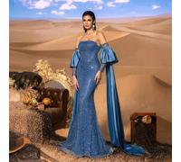 Shein Vestido de noche con lentejuelas de cuentas de lujo con detalles de hombros descubiertos y mangas acampanadas - Tren que fluye para debutar en alfombr