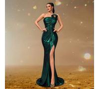 Shein Vestido de noche de cola de sirena con un hombro, plisado en verde esmeralda con brillo metálico y abertura alta, vestido formal de noche, vestido de
