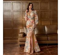 Shein Vestido de noche de gasa floral de lujo con volantes en capas y abertura lateral - Elegancia para eventos de alfombra roja, cenas de etiqueta negra, b