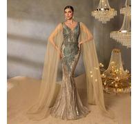 Shein Vestido de noche de lujo con cuentas - Vestido largo de tul con mangas extra largas, escote en V y bajo de sirena con patrón de cuentas degradado - Pe
