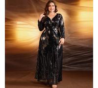 Shein Vestido de noche de lujo con escote en V con lentejuelas y bordado para mujer talla grande, bordado de lentejuelas aleatorias, vestido formal y de fie