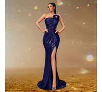 Shein Vestido de noche de lujo estilo sirena con un solo hombro, drapeado en verde esmeralda, con brillo metálico y abertura alta, vestido de fiesta formal,