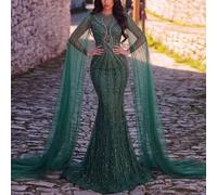 Shein Vestido de noche de lujo para mujer - Vestido de sirena con lentejuelas verde esmeralda, mangas con capa romántica, detalles con rhinestones para even