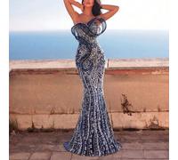 Shein Vestido de noche de sirena con decoración de concha de cristal brillante y lujosa - Diseño de espalda cruzada y silueta de sirena que llega hasta el s