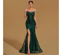 Shein Vestido de noche de sirena verde esmeralda de lujo, vestido de gala con tirantes finos y abertura alta, adornado con lentejuelas, lentejuelas y lentej
