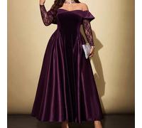 Shein Vestido de Noche de Terciopelo y Satén Púrpura Profundo con Hombros Descubiertos, Cintura Ceñida y Falda Completa, Ropa de Noche, Atuendo Elegante, Es