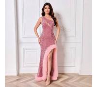 Shein Vestido de noche elegante con corte asimétrico/asimétrico, hombro descubierto, parches de malla, ajustado y con abertura alta, adecuado para fiestas,