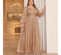 Shein Vestido de noche elegante con cuello de corazón, manga de farol y estampado floral de malla para mujeres de talla grande, ideal para invitadas de boda