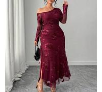 Shein Vestido de noche elegante de estilo sirena con un hombro, manga larga, encaje y malla para mujer de talla grande. Vestido largo de fiesta de talla gra
