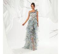 Shein Vestido de noche elegante de graduación, cena o fiesta, con cuello asimétrico, volantes y estampado floral, para invitadas de boda