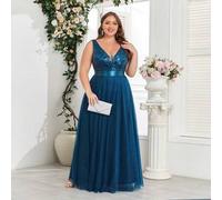 Shein Vestido de noche elegante de línea A con cuello en V, sin mangas, bordado con lentejuelas & malla, talla grande, vestido de dama de honor, adecuado pa