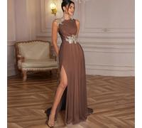 Shein Vestido de noche elegante de mujer con abertura alta y adornos florales, vestido de fiesta, vestido de invitada de boda, vestido formal, vestido de no