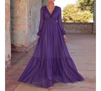 Shein Vestido de noche elegante de mujer con cuello en V, manga larga y dobladillo con volantes escalonados, vestido formal ajustado para cena de gala, gran