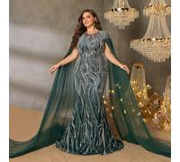 Shein Vestido de noche elegante de talla grande con cuentas y lentejuelas en verde esmeralda, con mangas amplias de tul transparente y cola de sirena - Vest