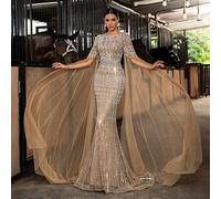 Shein Vestido de noche elegante para mujer con escote redondo, mangas tipo capa extra largas, falda de cola de sirena y tela tejida con aplicaciones de lent