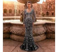Shein Vestido de Noche Elegante para Mujer con Lentejuelas & Perlas, Corte de Sirena, Brillo para Fiesta de Cóctel, Prom, Baile de Graduación, Boda, Negro,