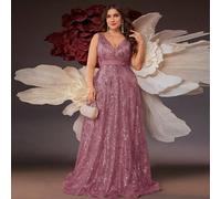 Shein Vestido de noche elegante y formal con cuello en V, línea A, bordado de lentejuelas y cinta, para fiesta, boda y eventos especiales, talla grande (res