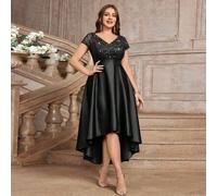 Shein Vestido de noche formal con escote en V, insertos de encaje y lentejuelas, contraste de satén y bajo asimétrico en línea A para talla grande