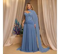 Shein Vestido de noche formal elegante, romántico y de moda, de tela de malla elástica gris-azul con parches de lentejuelas, con forma de espina de pescado,