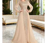 Shein Vestido de noche formal romántico con parches de lentejuelas y cremallera, elegante vestido de manga larga para mujer de moda, adecuado para fiestas,