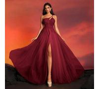 Shein Vestido de noche largo con escote asimétrico color rojo borgoña, vestido de fiesta formal, para invitadas de boda, graduación, cena