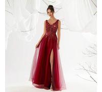 Shein Vestido de noche largo de tul con cuello en V y abertura alta en borgoña, con lentejuelas - Vestido elegante y lujoso para fiestas para mujeres, vesti