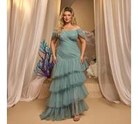 Shein Vestido de noche para mujer talla grande, elegante, gris verdoso, tul brillante, hombros descubiertos, efecto adelgazante, fruncido frontal, falda asi