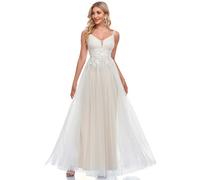 Shein Vestido de novia blanco de gasa con apliques de bordado floral romántico, escote de tirantes espagueti, ideal para bodas al aire libre en verano