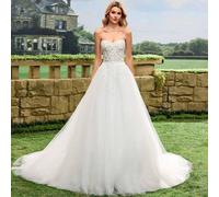 Shein Vestido de novia de lujo con encaje, fluido, elegante y romántico con cola, sin tirantes, en color blanco para bodas al aire libre, en la iglesia, en