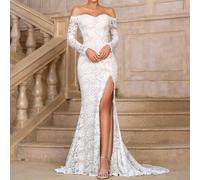 Shein Vestido de novia elegante, precioso y romántico, con contraste de color blanco y champán, mangas largas transparentes descubiertos de los hombros, cop