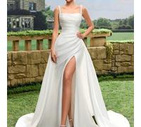 Shein Vestido de novia ligero para registro civil, de estilo minimalista francés, de satén, con falda corta y tren, para uso en exteriores