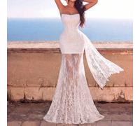 Shein Vestido de novia sin tirantes con diseño de busto plisado, encaje floral transparente, adecuado para novia de primavera/verano blanco