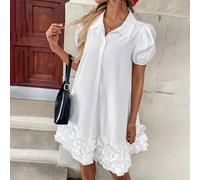Shein Vestido de Pascua para Mujer 2025, Vestido camisero de verano blanco con botones delanteros y línea A, con mangas abullonadas y bajo con volantes, ves