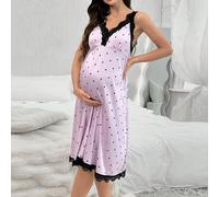 Shein Vestido de pijama de noche con cuello en V, estampado de lunares y bloques de color con encaje para embarazadas con tirantes