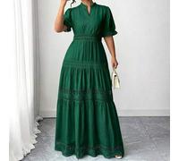Shein Vestido de playa estilo francés para mujer de talla grande con cuello en V, cintura favorecedora, encaje calado y estilo de diosa blanca para vacacion