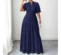Shein Vestido de playa estilo francés para mujer de talla grande con cuello en V, cintura favorecedora, encaje calado y estilo de diosa blanca para vacacion