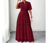 Shein Vestido de playa estilo francés para mujer de talla grande con cuello en V, cintura favorecedora, encaje calado y estilo de diosa blanca para vacacion